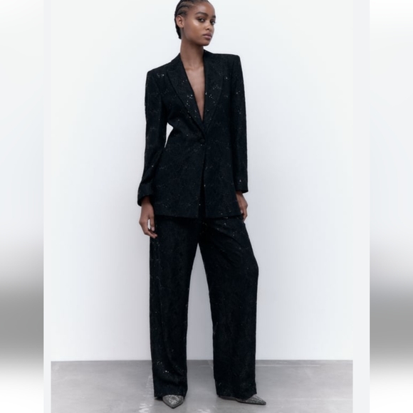 Zara * Limited Edition Black Lace Sequin High Waisted Wide Pants - Picture 10 of 14